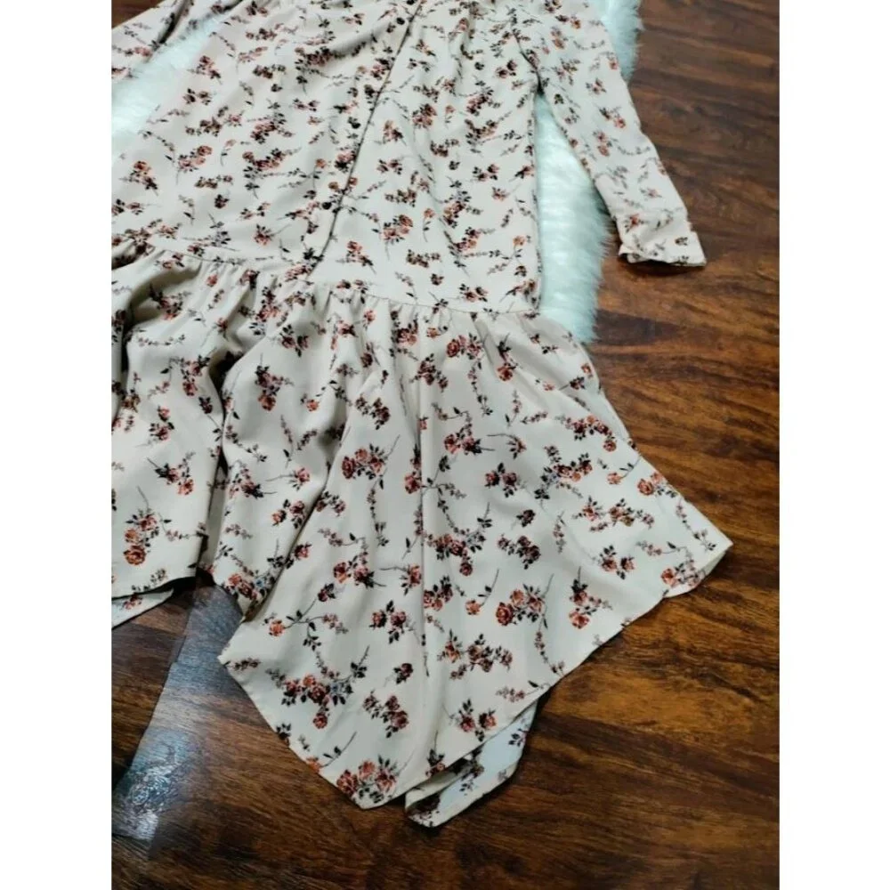 Begonia Puff Long Sleeve High Neck  Floral Print Hi-Low Dress Beige Womens Small - Picture 6 of 15